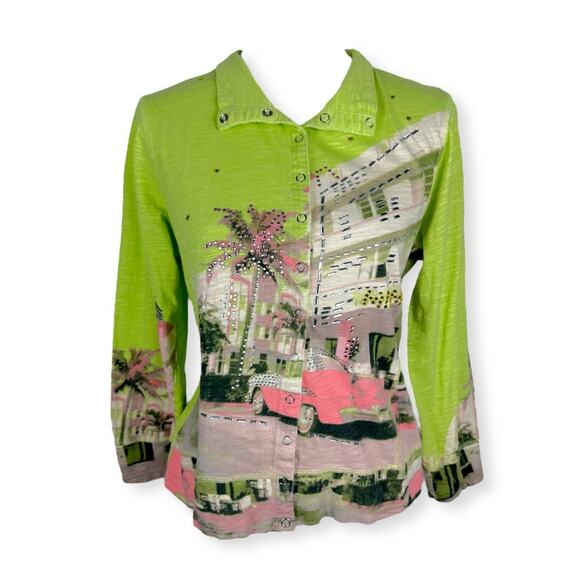 Y2k Miami Embellished Green Streetwear Snap Top Sz L - Picture 1 of 8
